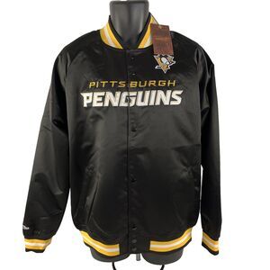 New Mens Mitchell And Ness Pittsburgh Penguins Satin Bomber Jacket Sz L NWT